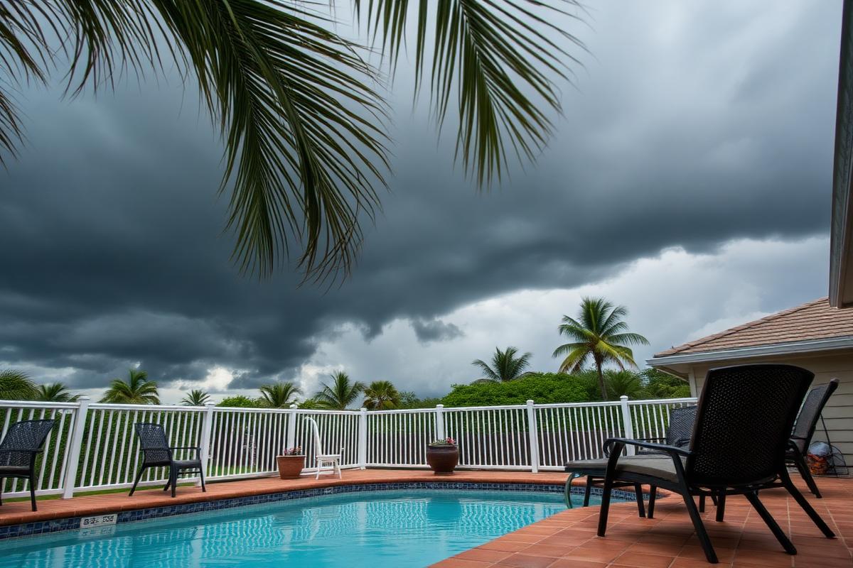 Pool deck furniture secured ahead of a Florida storm